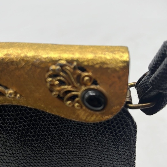 Vintage Black Gold Leather Snakeskin Metal Embellished Evening Bag After Five - Picture 4 of 15